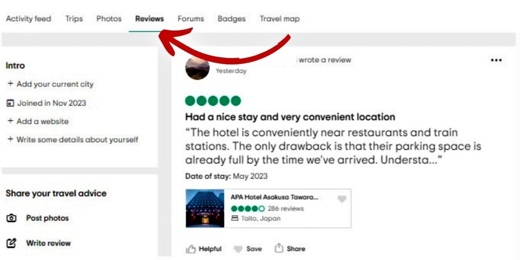 how to delete tripadvisor review locating the Review Tab