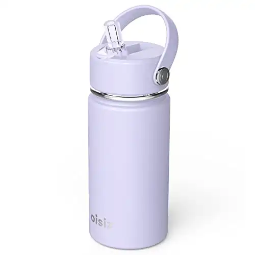 Oisiz Kids Water Bottle with Straw Lid For School 14oz, Vacuum Insulated 316 Stainless Steel , Leakproof , BPA Free and Keep Cold for 24 Hours, Light Purple