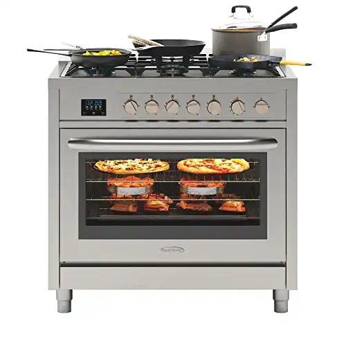 KoolMore KM-FR36GL-SS 36 Inch Professional Gas Range Stove with 5 Burner Cooktop, Rapid Convection Oven, and Digital Timer with Heavy-Duty Cast Iron Grates, Stainless-Steel Appliance, 36 Inch, Silv...