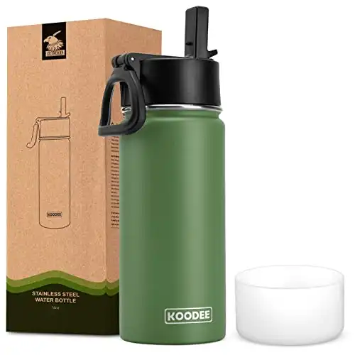 koodee Water Bottle-16 oz Stainless Steel Double Wall Vacuum Insulated Sports Water Bottle with Straw