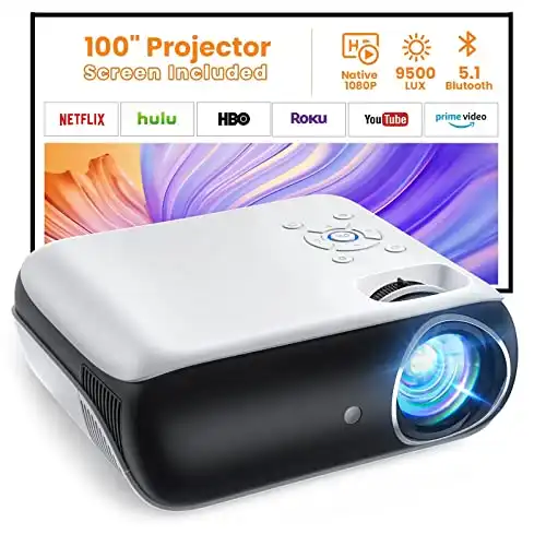 HAPPRUN Projector, Native 1080P Bluetooth Projector with 100''Screen