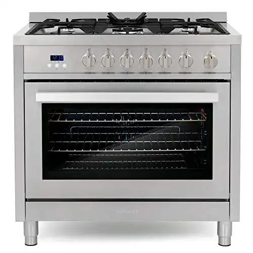 COSMO COS-965AGFC 36" Gas Range with 5 Burner Cooktop, 3.8 cu. ft. Capacity Rapid Convection Oven with 5 Functions, Heavy Duty Cast Iron Grates in Stainless Steel