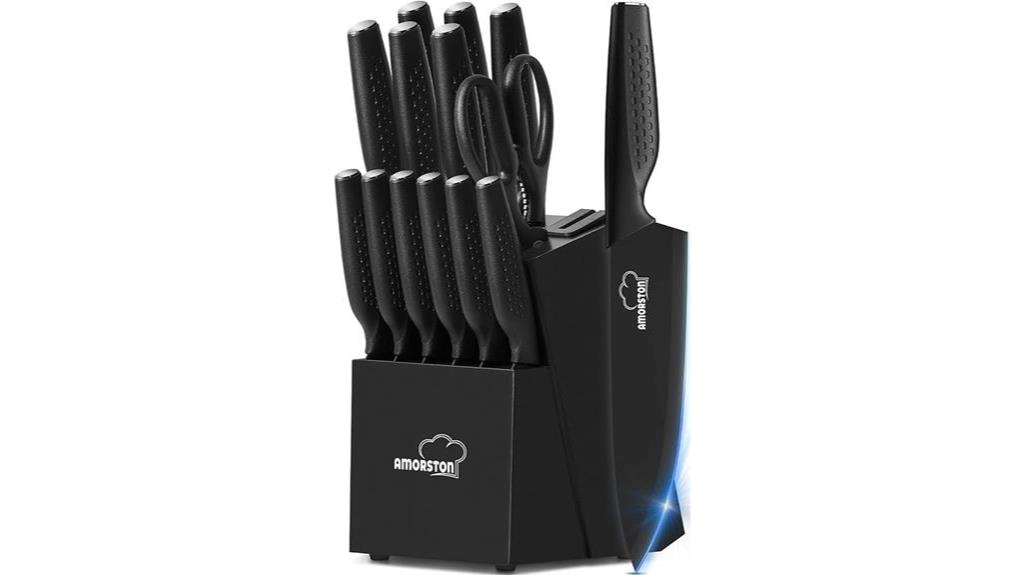 AMORSTON 15 Pieces Kitchen Knife Set with Built in Knife Sharpener Block