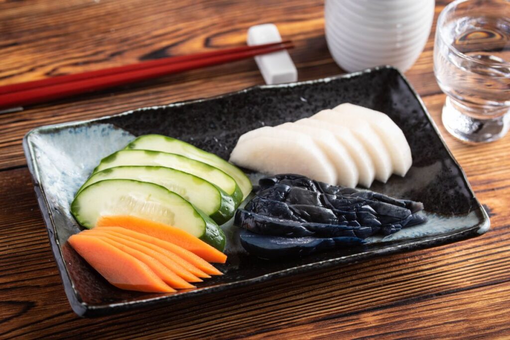 a variety of Japanese pickles on a plate