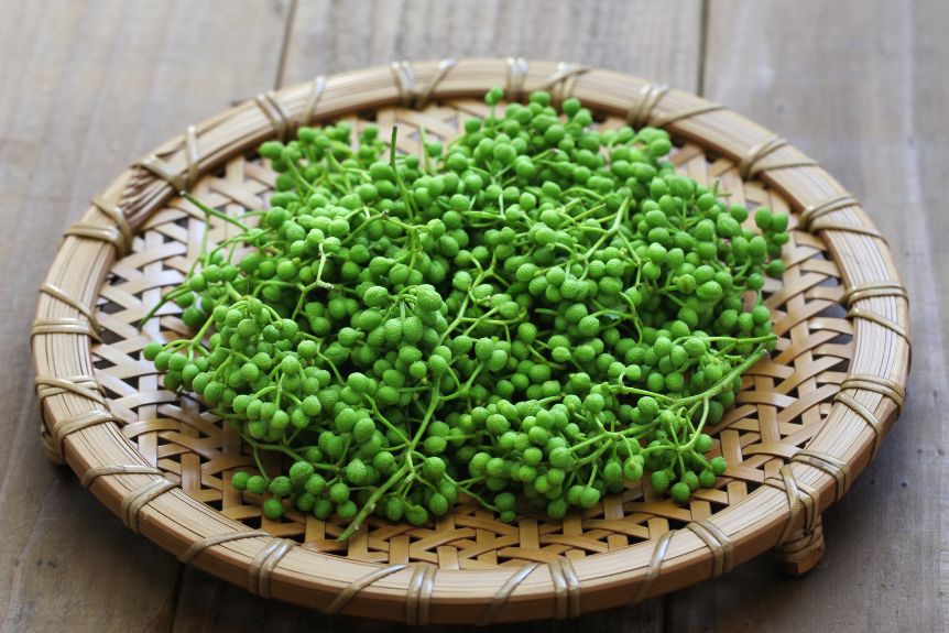 Sansho pepper in a wooden plate.