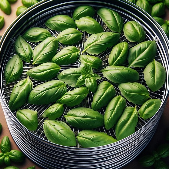 Basil leaves in a Dehydrator