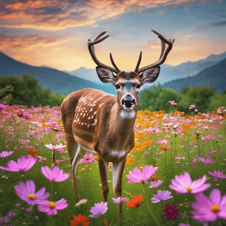 Deer curious about the field of cosmos