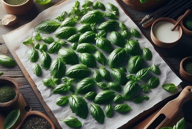 Drying basil leaves