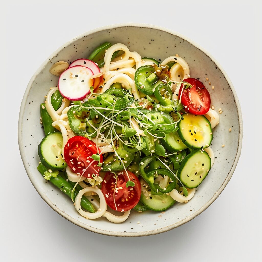 a bowl of udon noodle salad