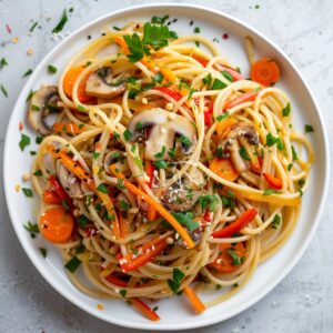 Vegetable Spaghetti with Dashi in a white background